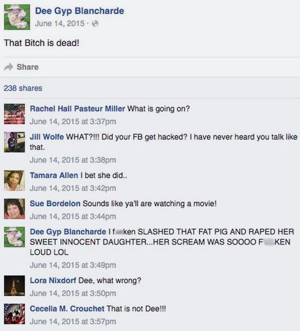 After Dee Dee's death, Nicholas posted a Facebook status update from her Facebook account.