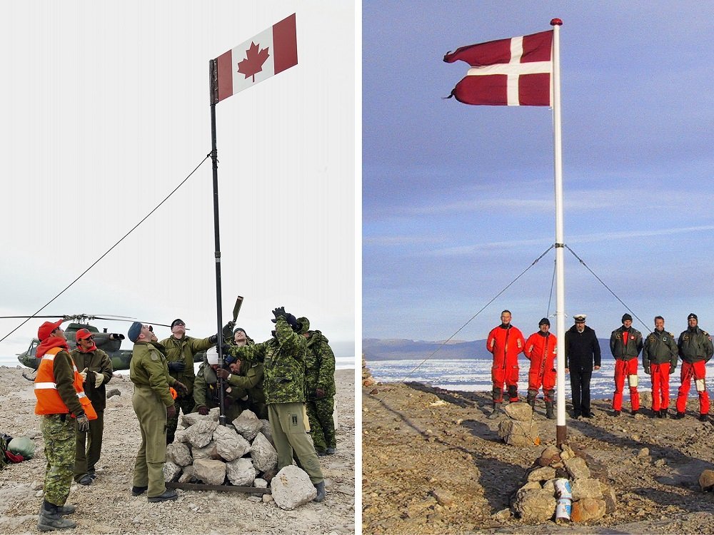 Flags of Canada and Denmark at Hans Island