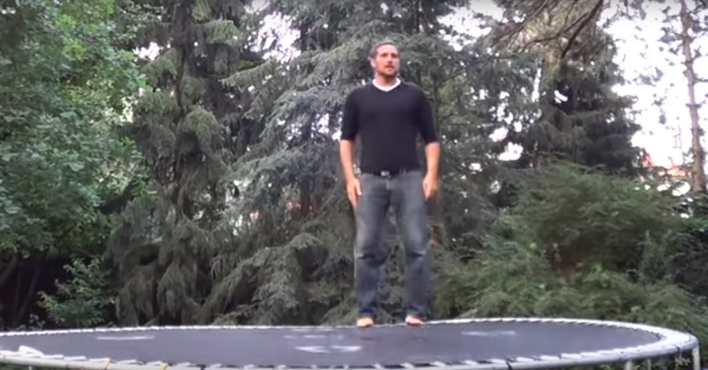 Max Spiers jumping on trampoline