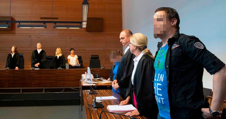 The defendants, Christian L (right) and Berrin T (fourth from right), face sentencing in Freiburg, Germany on Aug. 7.