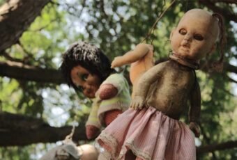 The island is full of dolls hanging from the trees, and the buildings are covered in cobwebs and insects, making it a haunting sight.